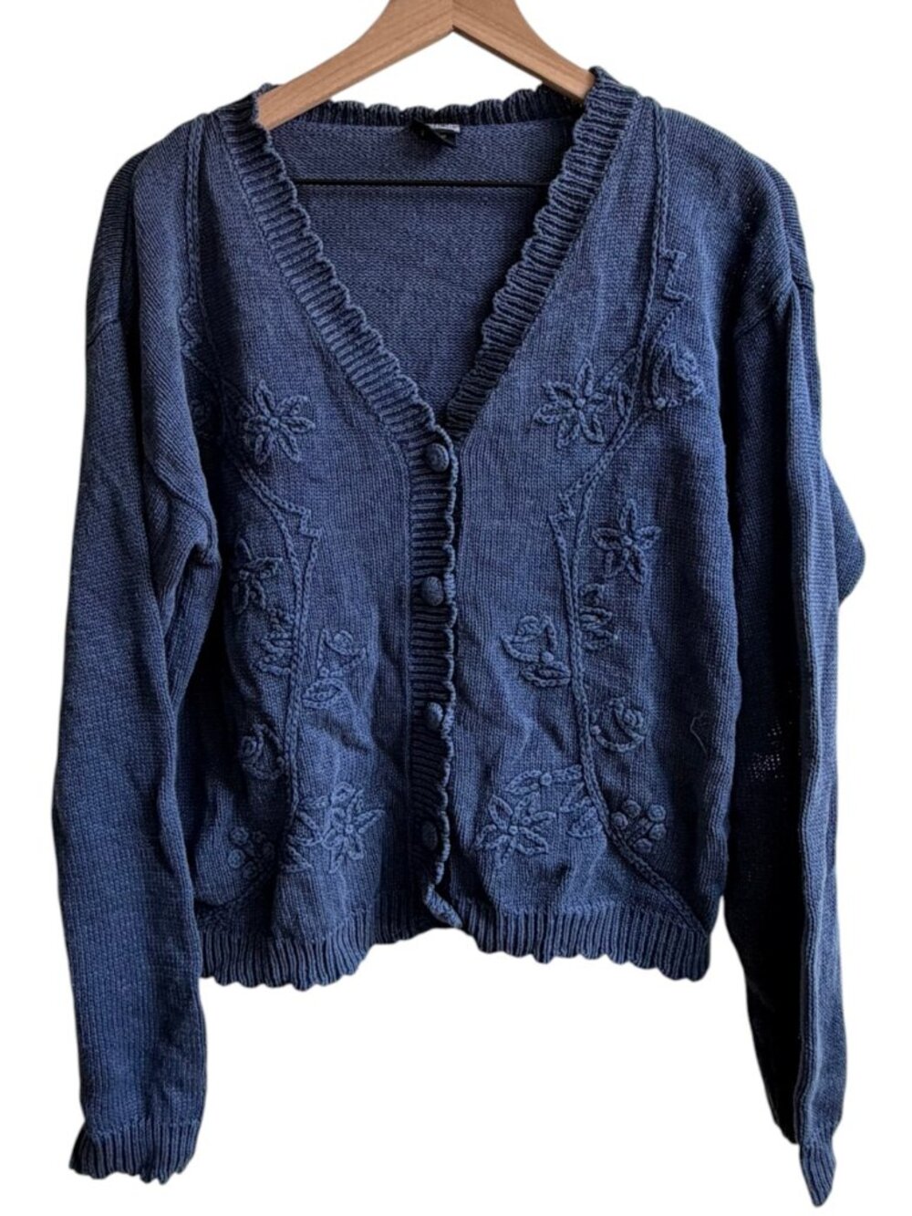 Vintage Floral Embroidered Cardigan Blue Knit‎ Sweater Medium Cottage